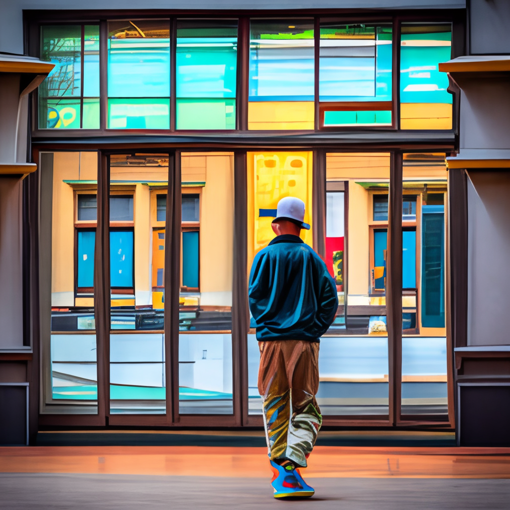 HIP HOP STYLE BAGGY CLOTHING
YOUNGSTER walking outisde next to a dance school and watching people dance inside the danschool building, 
The youngster watching in the mirror of the dance school and see people dancing
THey are watching into a mirror. On the building should stand dance school