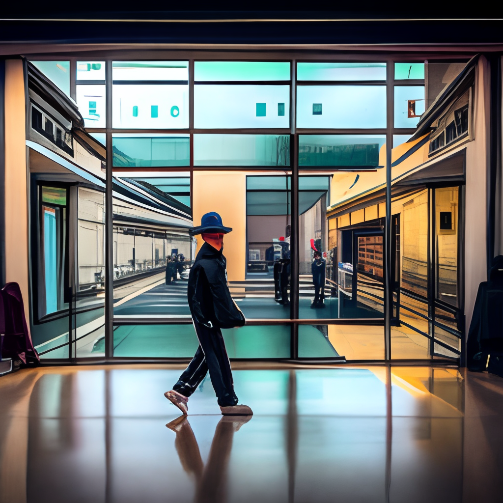 HIP HOP STYLE BAGGY CLOTHING
YOUNGSTER walking outisde next to a dance school and watching people dance inside the danschool building, 
The youngster watching in the mirror of the dance school and see people dancing
THey are watching into a mirror. On the building should stand dance school