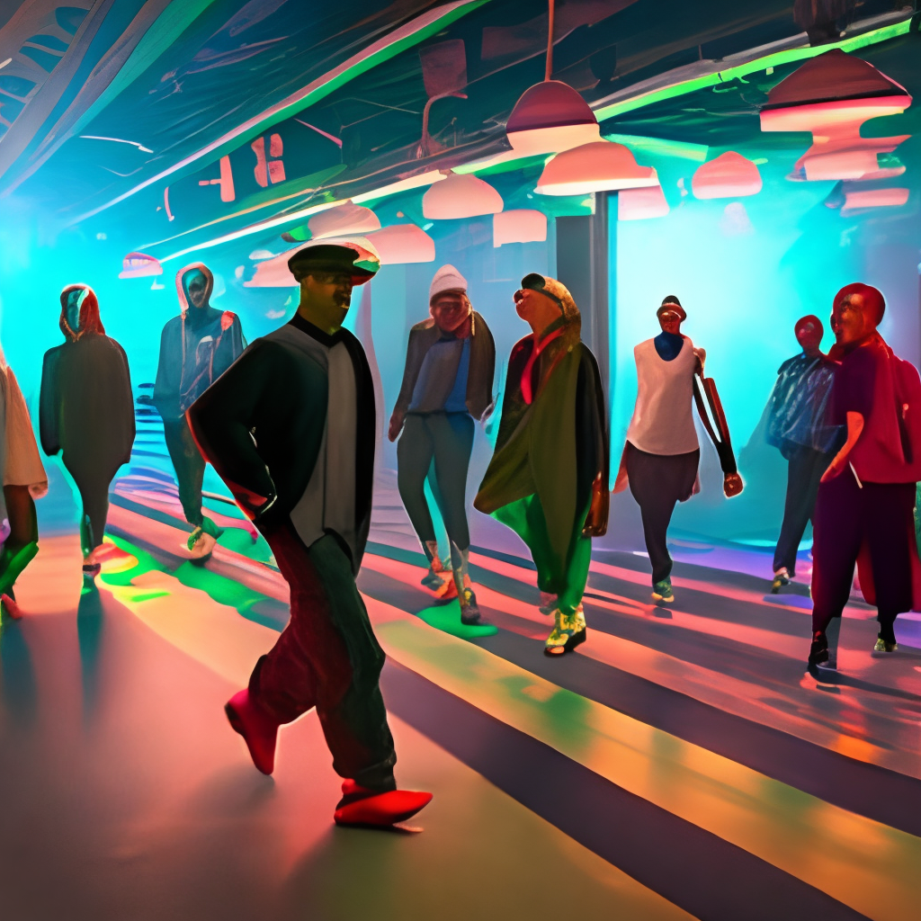 HIP HOP BAGGY CLOTHING STYLE 

shows the same group of people walking towards the dancefloor in the city. They see the checkboard floor, the DJ booth, and the screen with video effects, and their faces light up. 