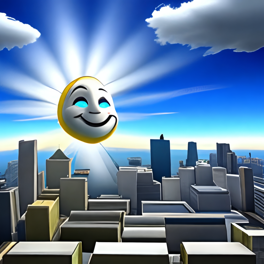 The sky is a dark blue, with a cool white light shining down on the cityscape. The sun is a cartoon character, and the clouds are electric blue