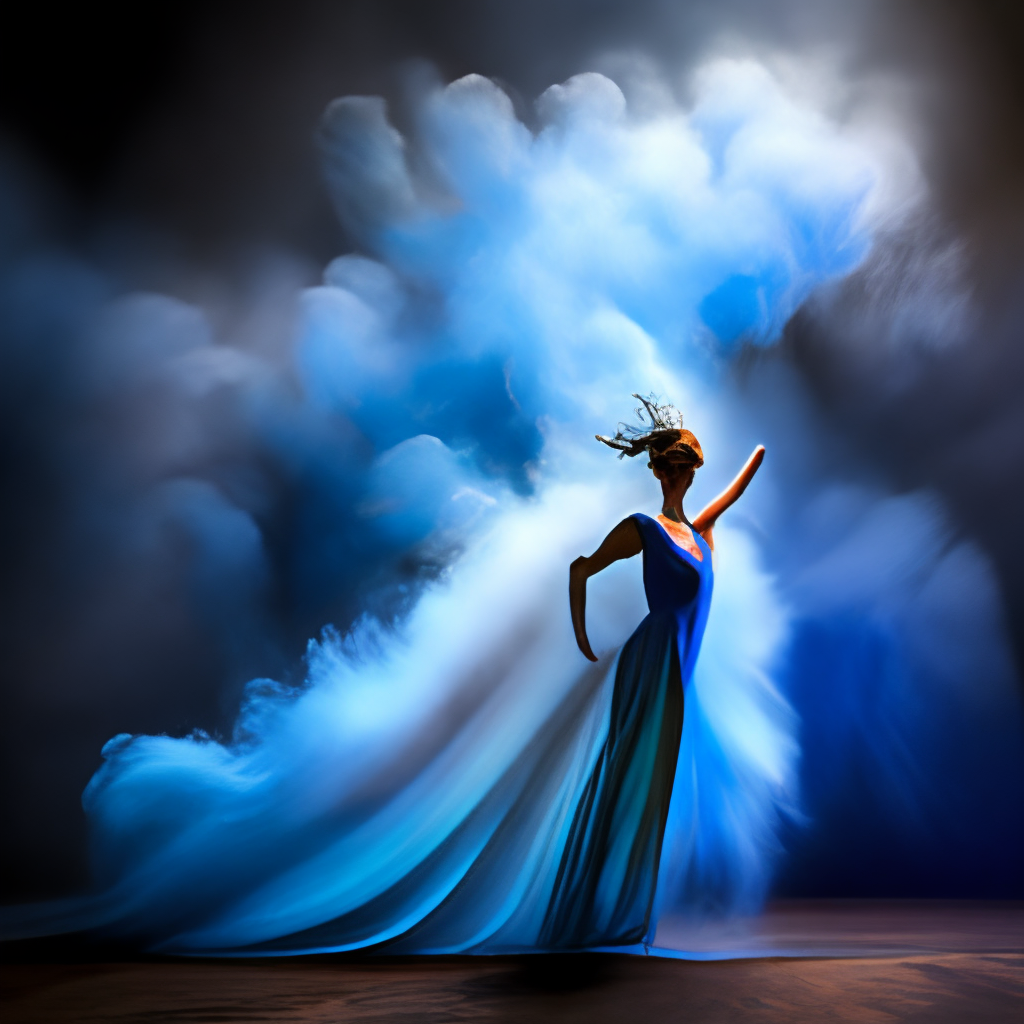 A ballerina dancing in whirling blue smoke

