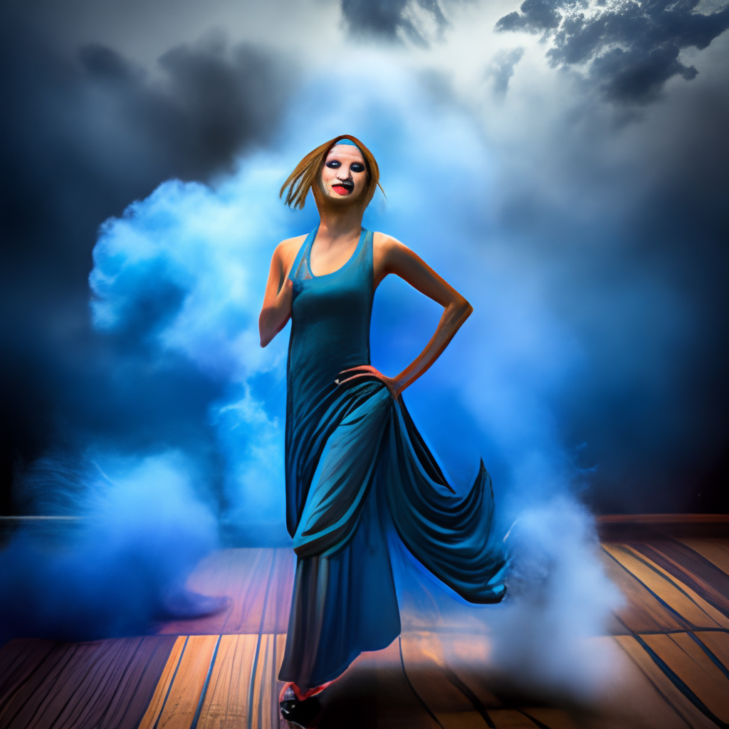 dancing oriental beauty in magical blue smoke