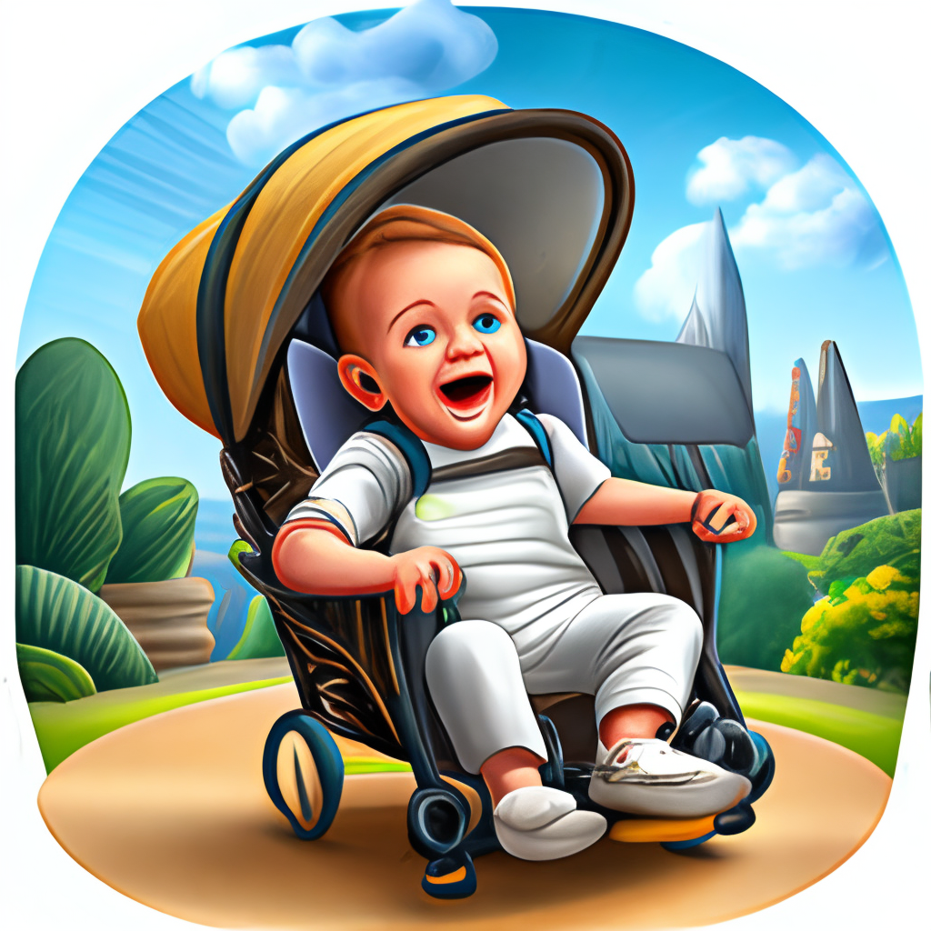 cheerful baby, smiling, very cute. sits in a stroller.Realistic, highly detailed, in the artsation style

