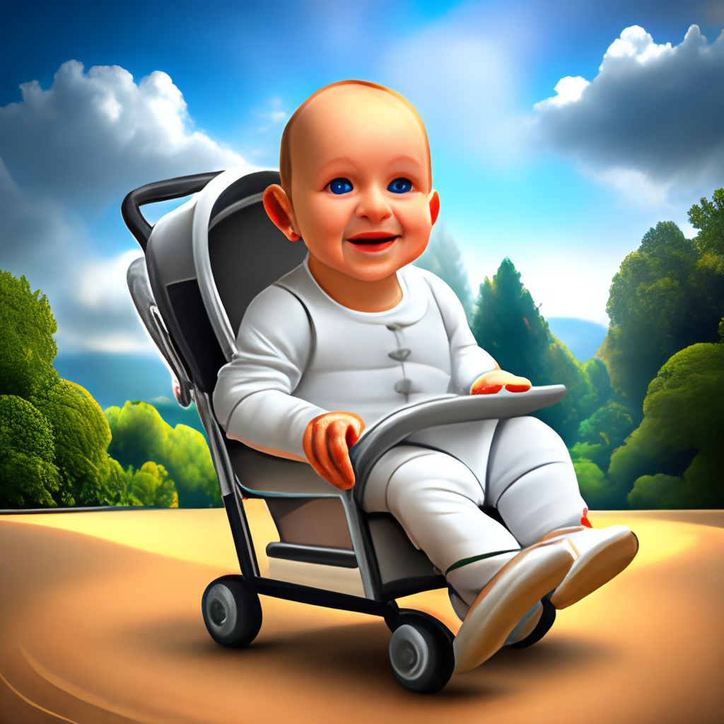 cheerful baby, smiling, very cute. sits in a stroller.Realistic, highly detailed, in the realistic  style

