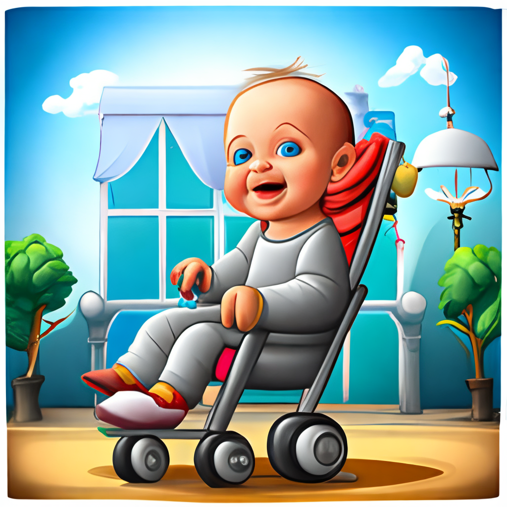 cheerful baby, smiling, very cute. sits in a stroller.Realistic, highly detailed, in the realistic  style

