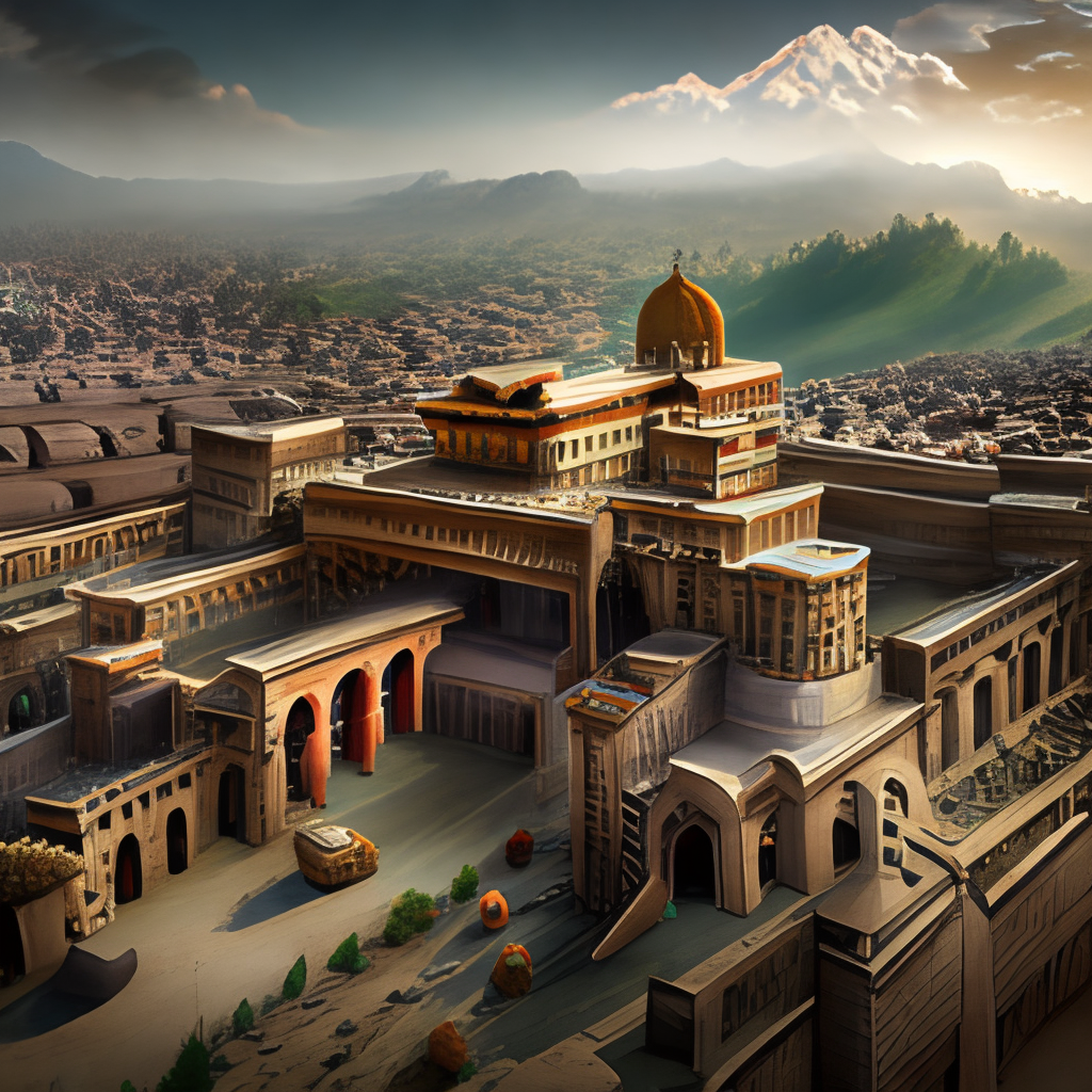 an ancient mythical village in Achaemenian era in Persia with a palace in the middle