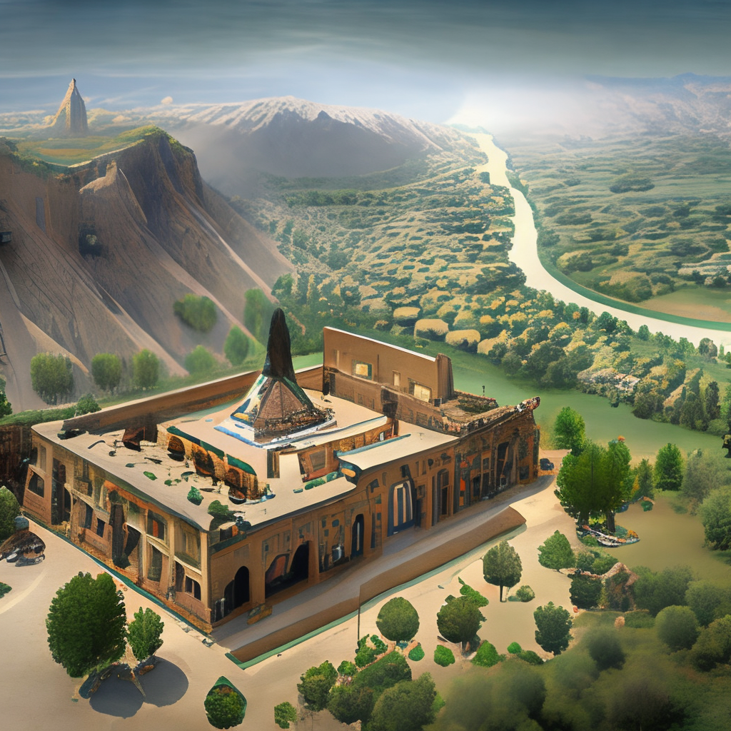 an ancient mythical village in Achaemenian era in Persia with a palace in the middle