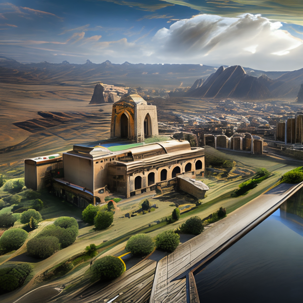 an ancient mythical village in Achaemenian era in Persia with a palace above the river in the middle