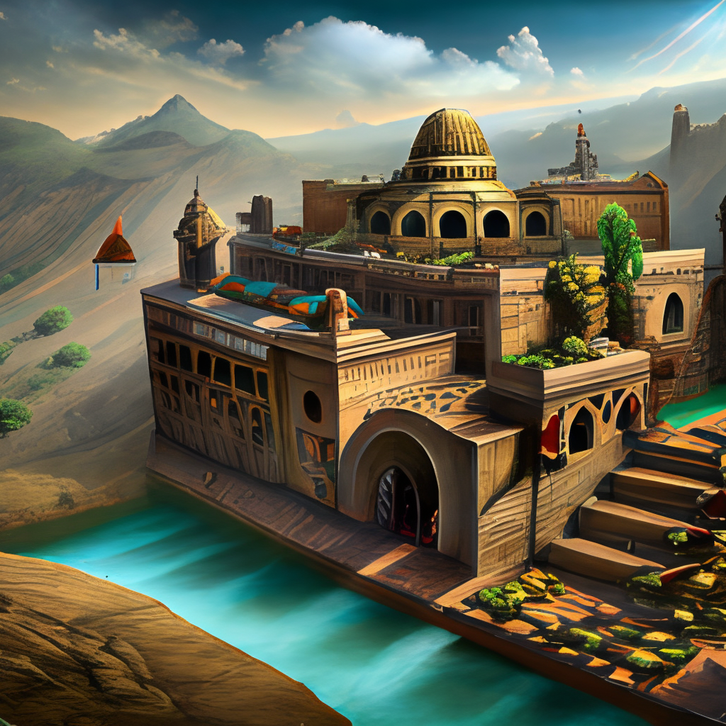 an ancient mythical demonized cursed village in Achaemenian era in Persia with a palace above the river in the middle