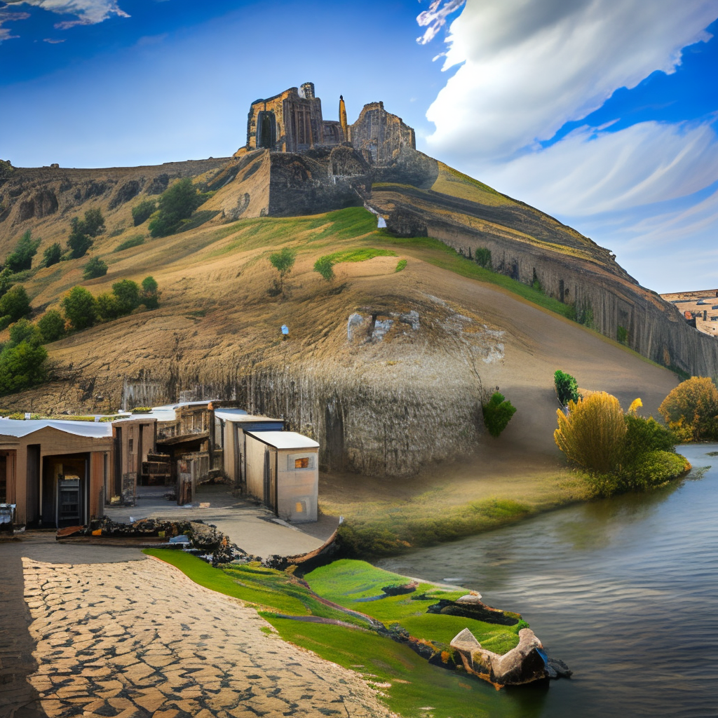 an ancient mythical demonized cursed village in Achaemenian era in Persia with a devil type palace above the river in the middle