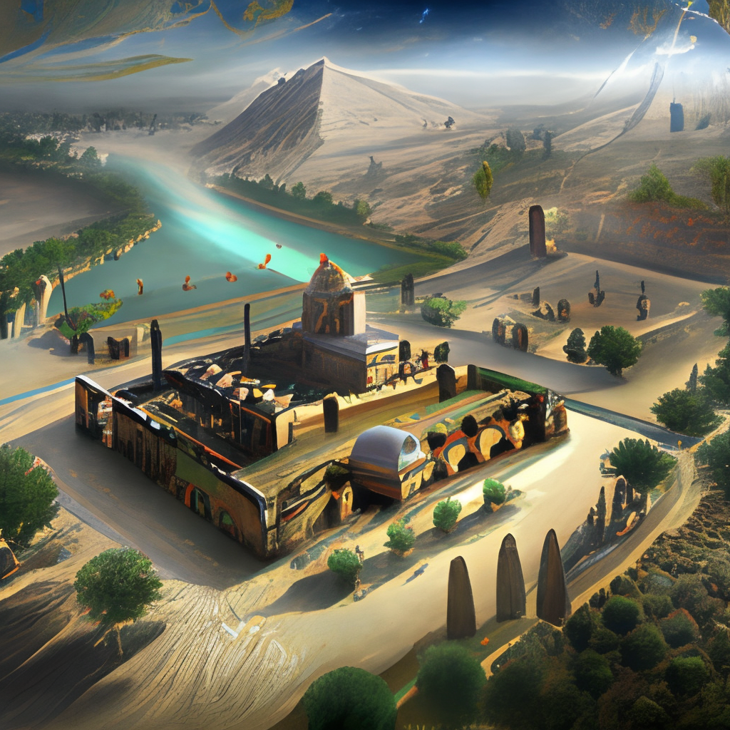 an ancient mythical village in Achaemenian era in Persia with a devil-type palace above the river in the middle