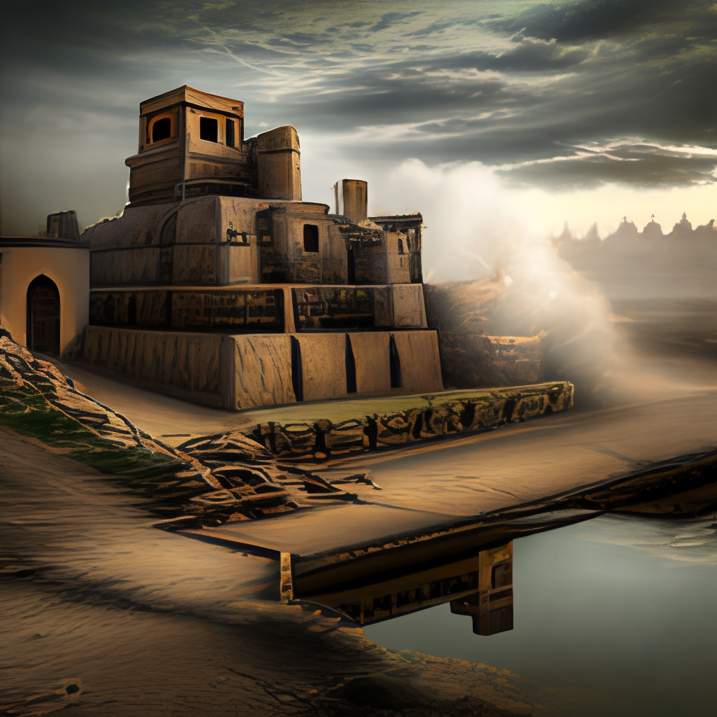 an ancient mythical village in Achaemenian era in Persia with a devil-type palace above the river in the middle