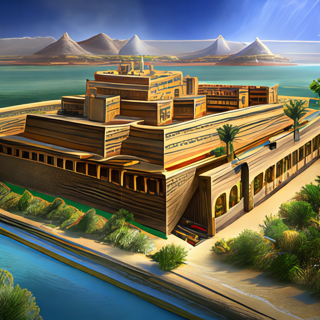 an ancient mythical village in Achaemenian era in Persia with a devil-type palace above the river in the middle