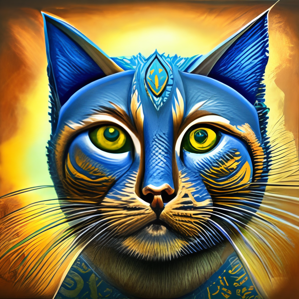 cat with blue and gold designs on its face that turns its head to face forward. turn head to face forward”