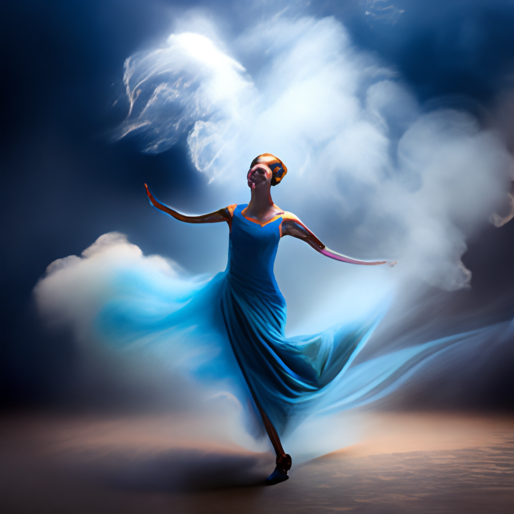 A dancing ballerina in whirling blue smoke 