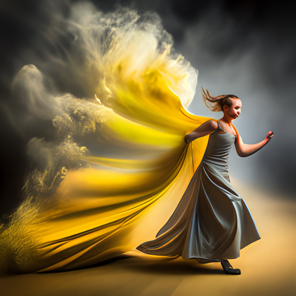 A dancing girl in whirling yellow smoke 