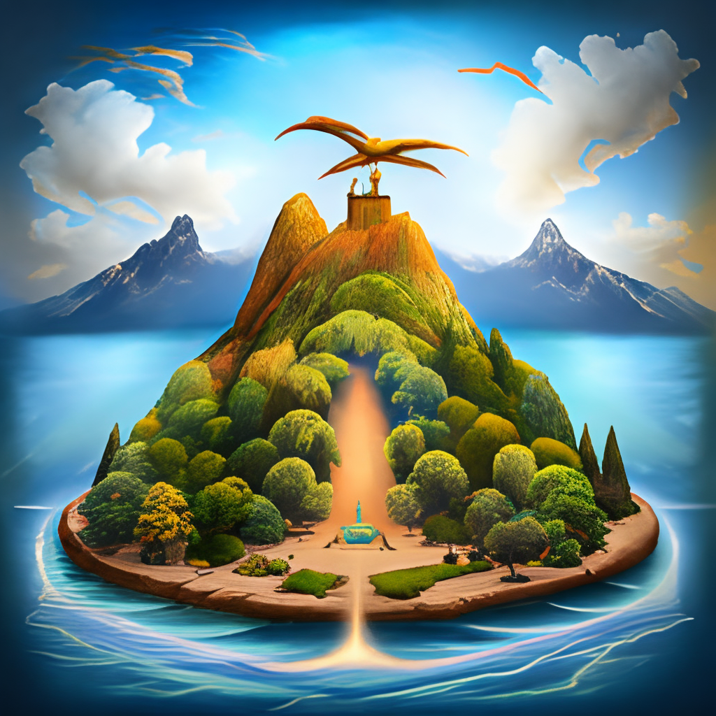 a sacred island with high mountains with a sacred holy tree on which the phoenix nest located