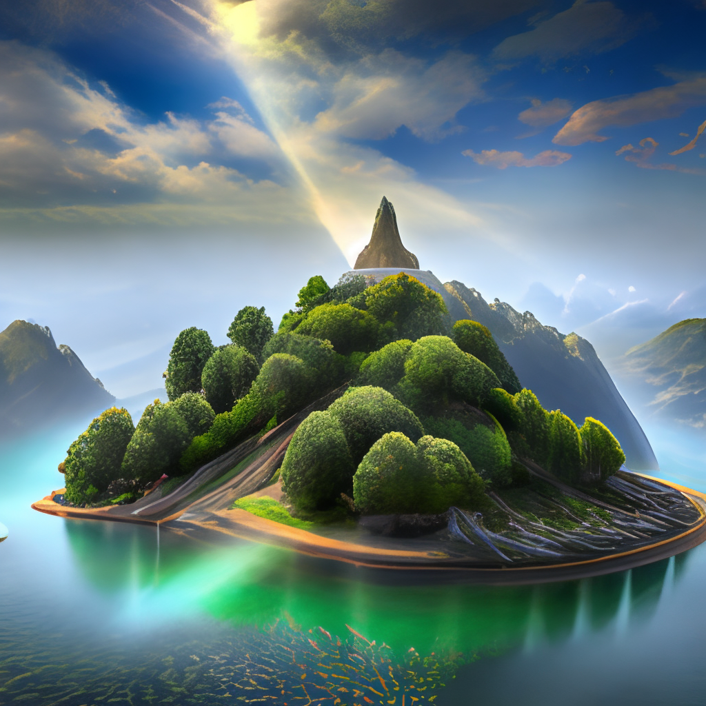 a sacred island with high mountains with a sacred holy tree on which the phoenix nest located