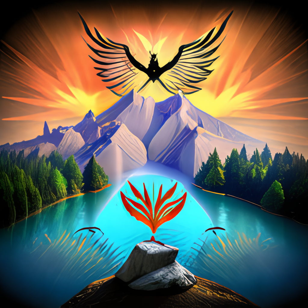 a sacred land with high mountains with a sacred holy tree in a lake which is the nest for the Phoenix