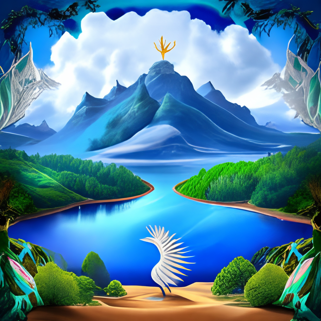 a sacred land with high mountains with a sacred holy tree in a lake which is the nest for the Phoenix