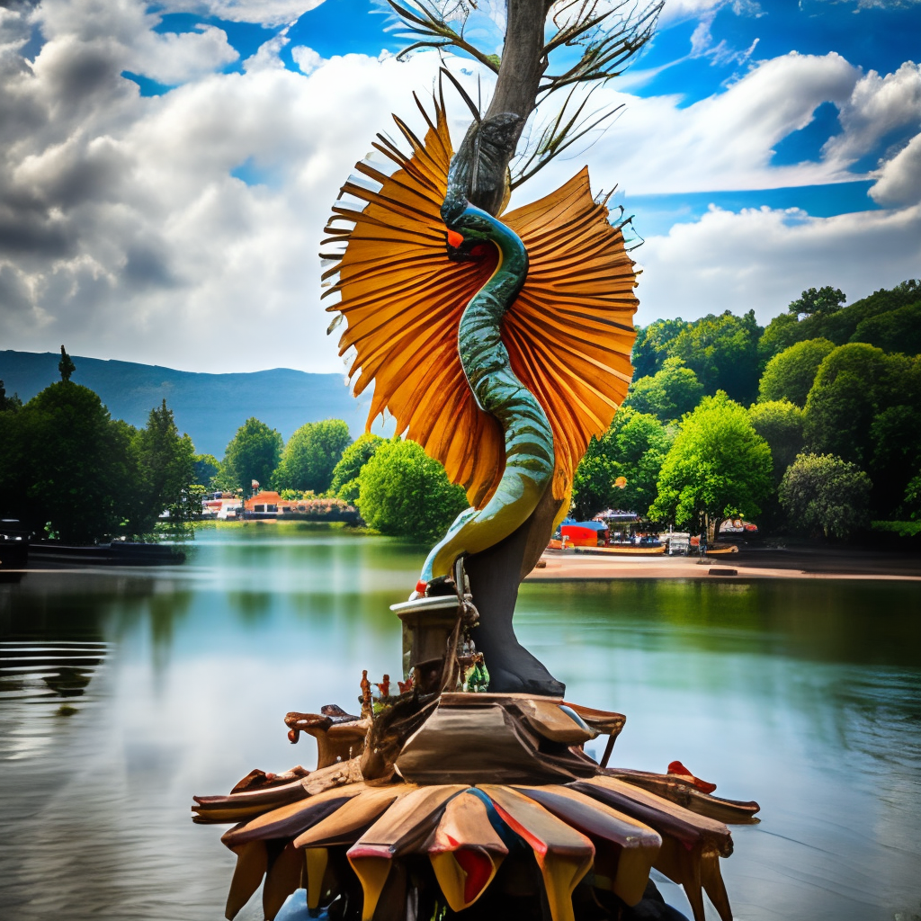 An holy and sacred phoenix on a tall tree which is erected out of a lake