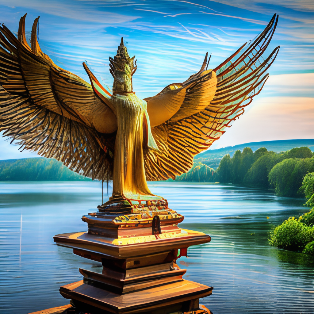 An holy and sacred phoenix on a tall tree which is erected out of a lake