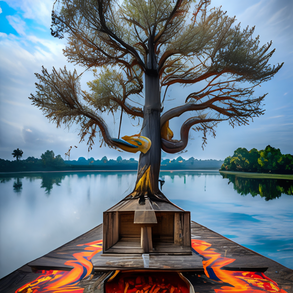 An holy and sacred phoenix on a tall tree which is erected out of a lake