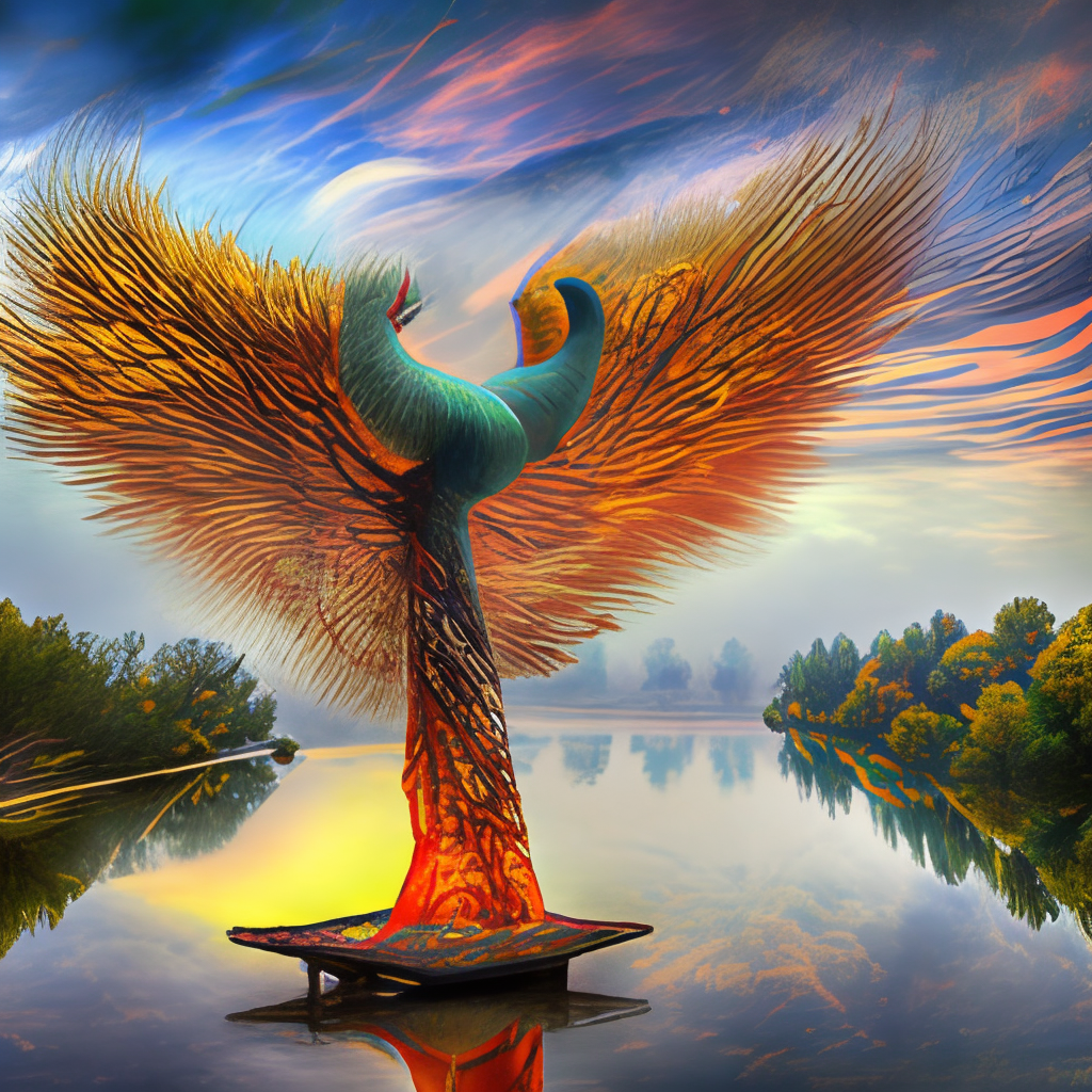 An holy and sacred phoenix on a tall tree which is erected out of a lake