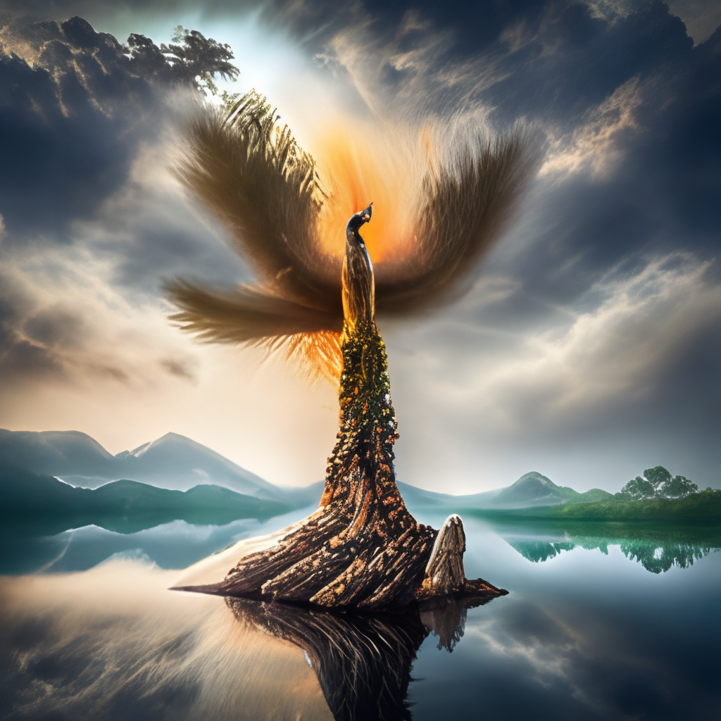 A holy and sacred phoenix on a tall magical tree which is erected out of a lake