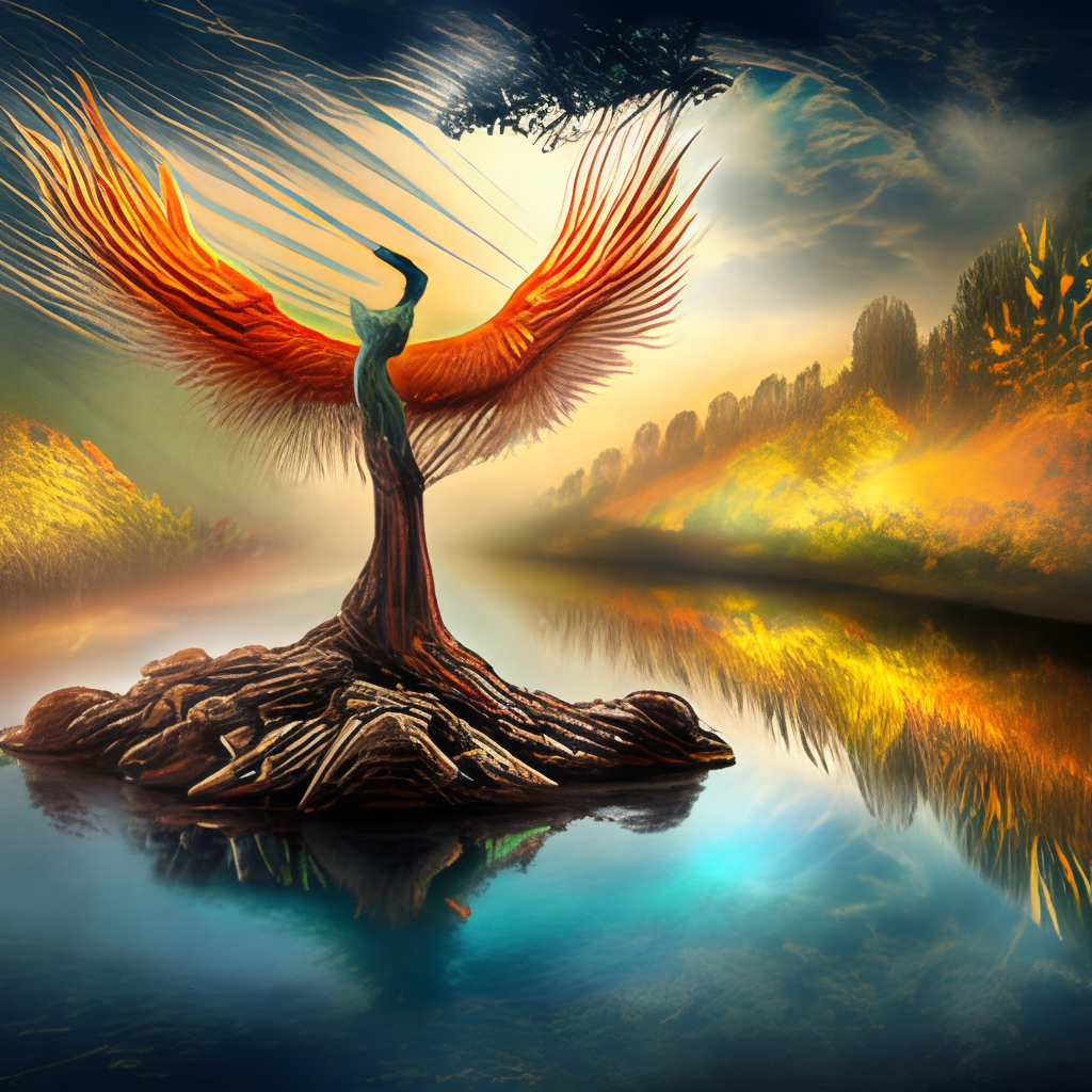 A holy and sacred phoenix on a tall magical tree which is erected out of a lake