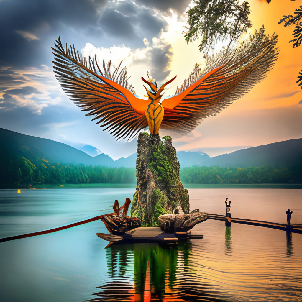 A holy and sacred phoenix on a tall magical tree which is erected out of a lake