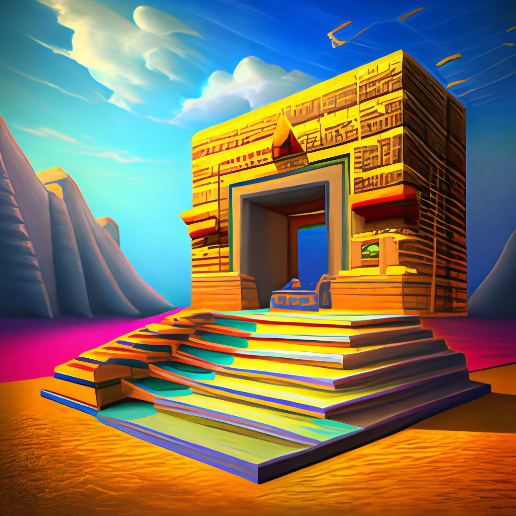 Nether portal, square voxel sheep of various colours and shades, ziggurats, gold filigree, marble texture, sunny