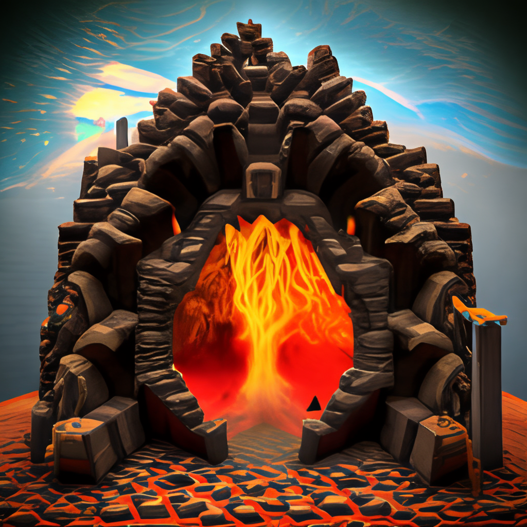 Nether portal, lava fire nether realm, chaos, 50% voxel style, skeleton with bow and arrow hidden somewhere in the picture gray