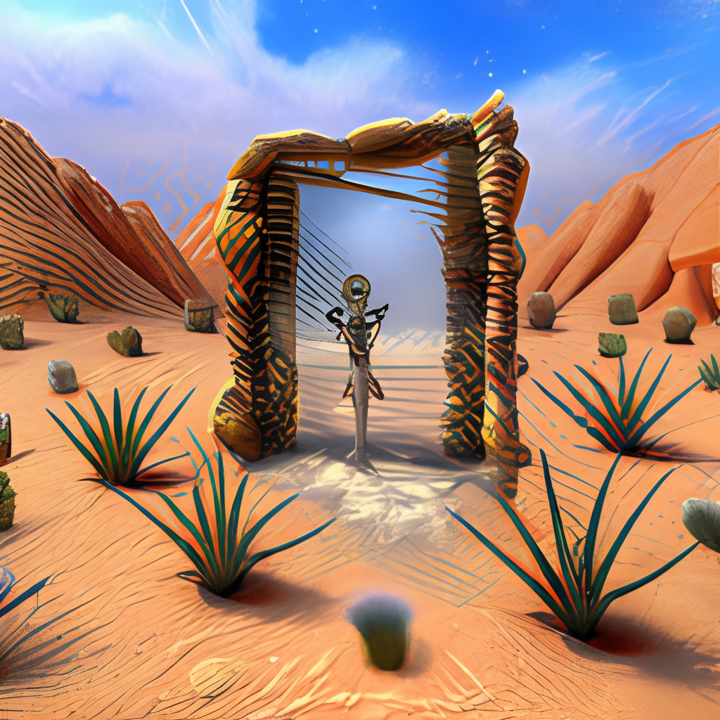 Nether portal made of clear glass, in a desert, dunes, cactus, tumbleweed, thickets, desert grass, sandy, sunny.  After this image has been put together add a gray square skeleton with a bow weapon in the foreground