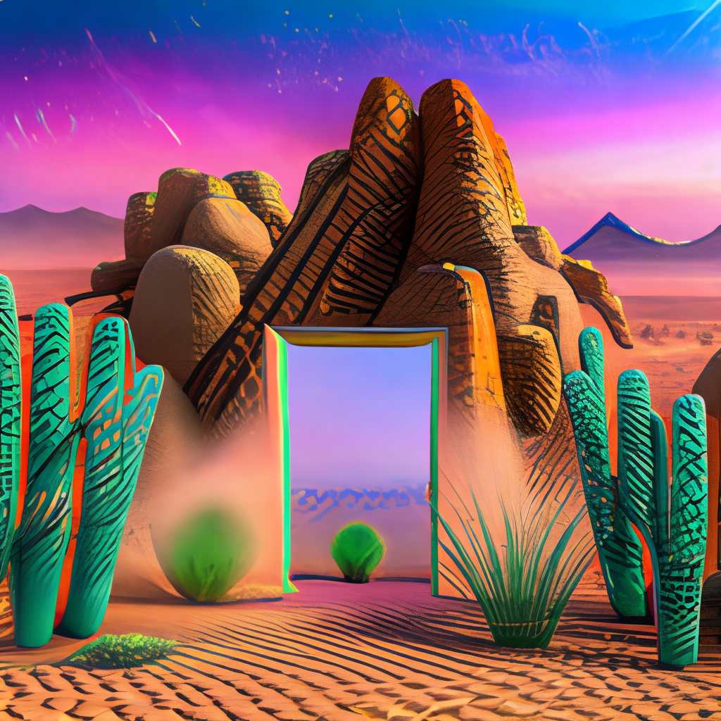 Nether portal made of clear glass, in a desert, dunes, cactus, tumbleweed, thickets, desert grass, sandy, sunny.  robotic cyberpunk cyber-wave vapor-wave style