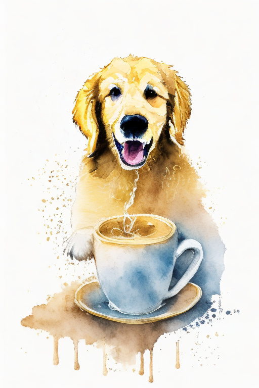 a golden retriever wearing a baseball cap and drinking from a coffee cup, watercolor painting