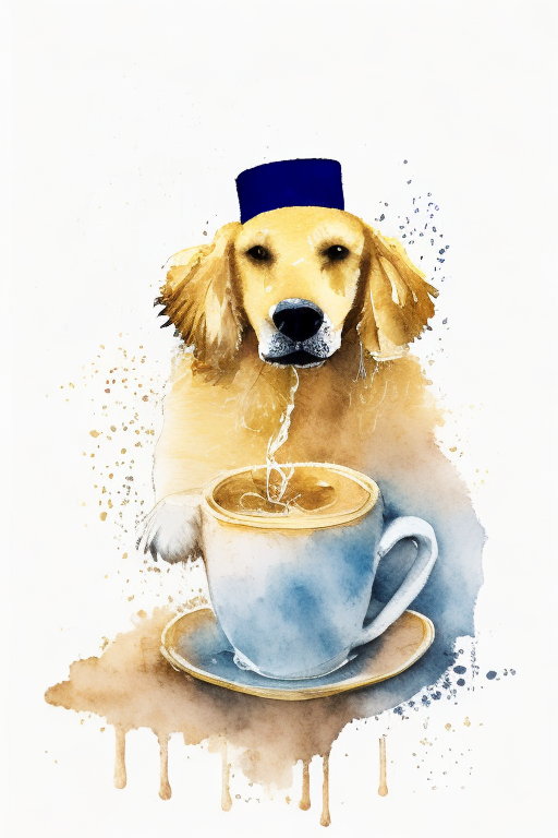 a golden retriever wearing a top hat and drinking from a coffee cup, watercolor painting