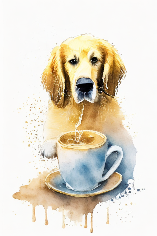 a golden retriever wearing a cowboy hat and drinking from a coffee cup, watercolor painting