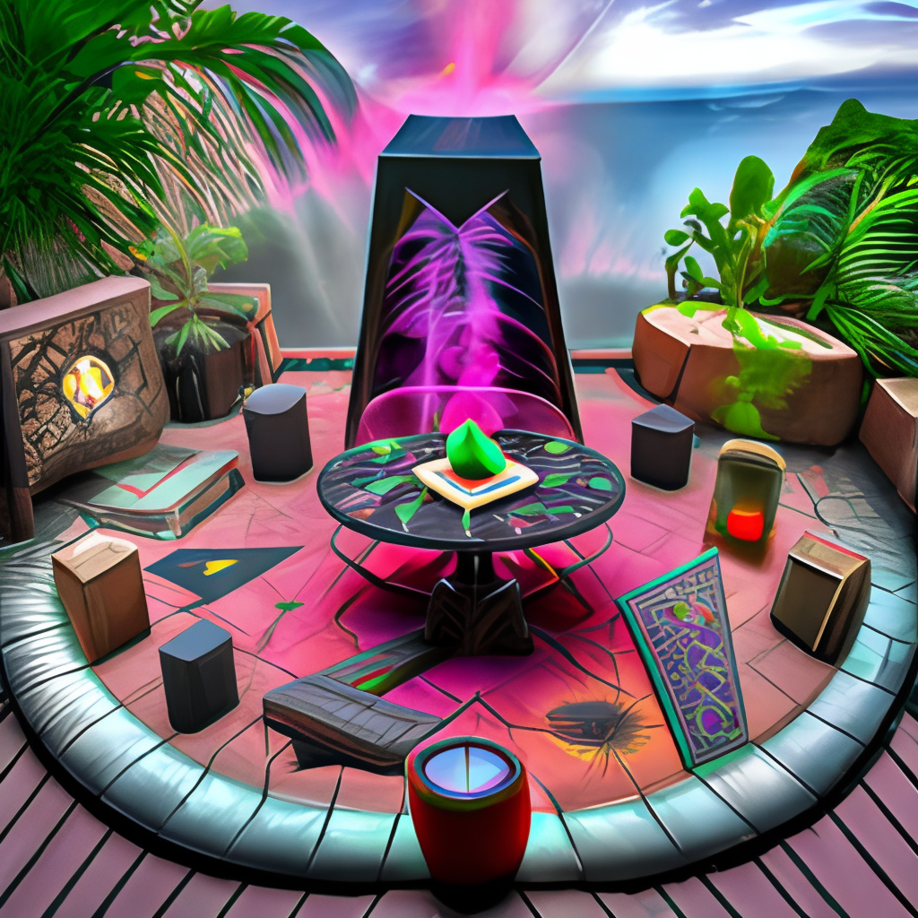 Nether portal made of obsidian, magic alter, runes, cactor, weed, tickles, dessert glass, shandy, sunny.  robotic cyberpunk cyber-wave vapor-wave style, outdoor patio.make the upper left corner silly , invert