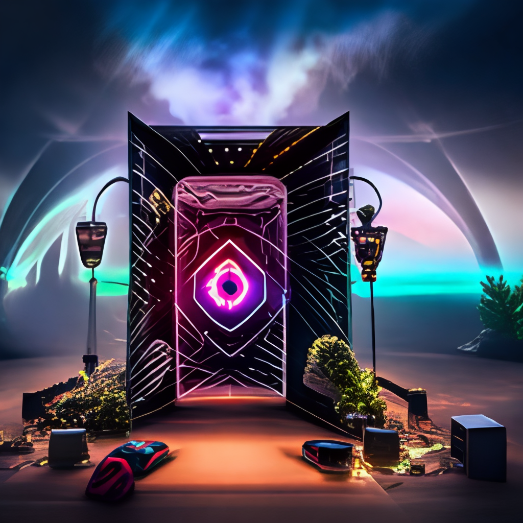 Nether portal made of obsidian, magic alter, runes, cactor, weed, tickles, dessert glass, shandy, sunny.  robotic cyberpunk cyber-wave vapor-wave style, outdoor patio.make the upper left corner silly , invert, make the portal to the right