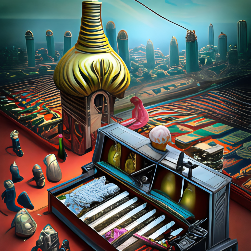 a synthesizer is melting, surrealism, storybook illustration, hyper-detailed, 