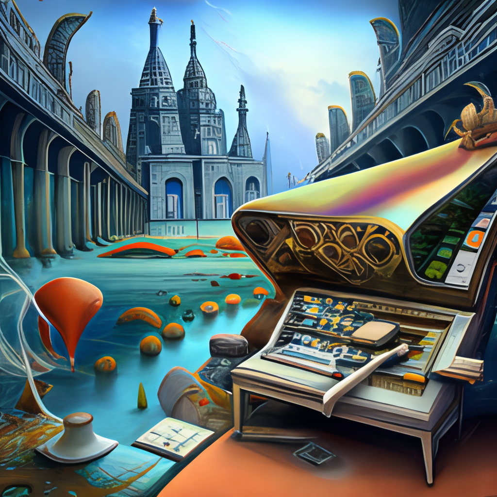 a synthesizer is melting, surrealism, storybook illustration, hyper-detailed, 