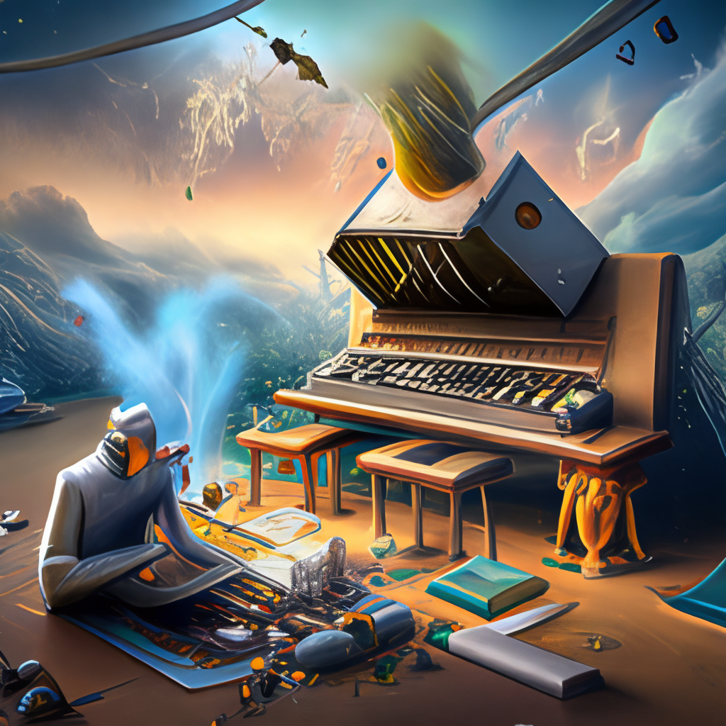 a synthesizer is melting, digital art, storybook illustration, hyper-detailed, masterpiece
