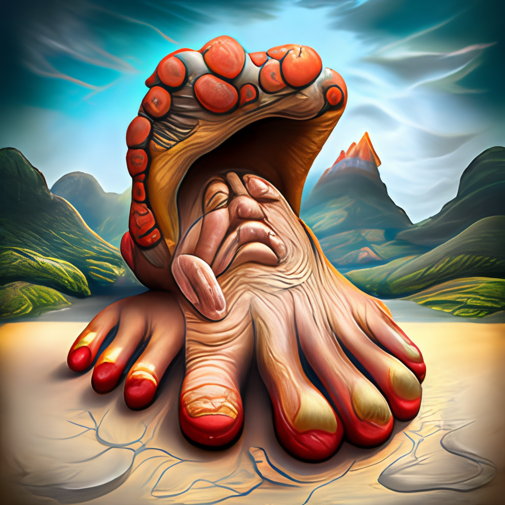 a big disfigured foot is melting, digital art, storybook illustration, hyper-detailed, masterpiece
