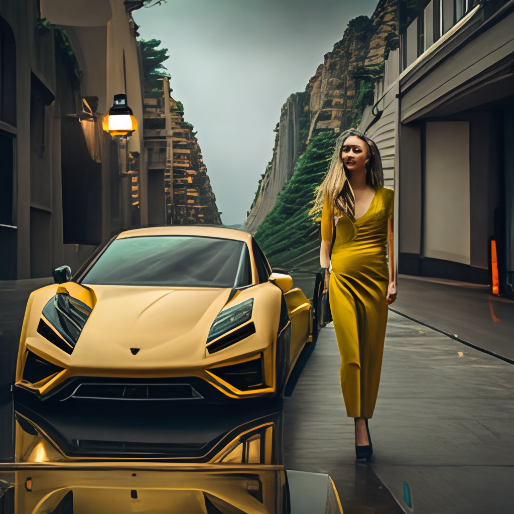 A hot girl is entering in a yellow lamborghini. 