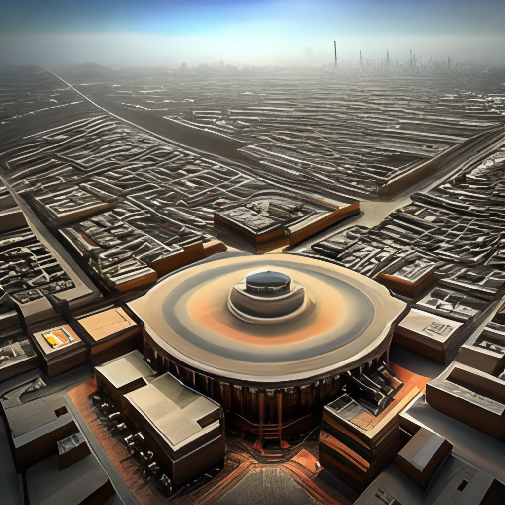 show me the central organized city which will have been designed and constructed by Persian Achaemenid old mythology theme but also got the advantages of so developed Artificial intelligence