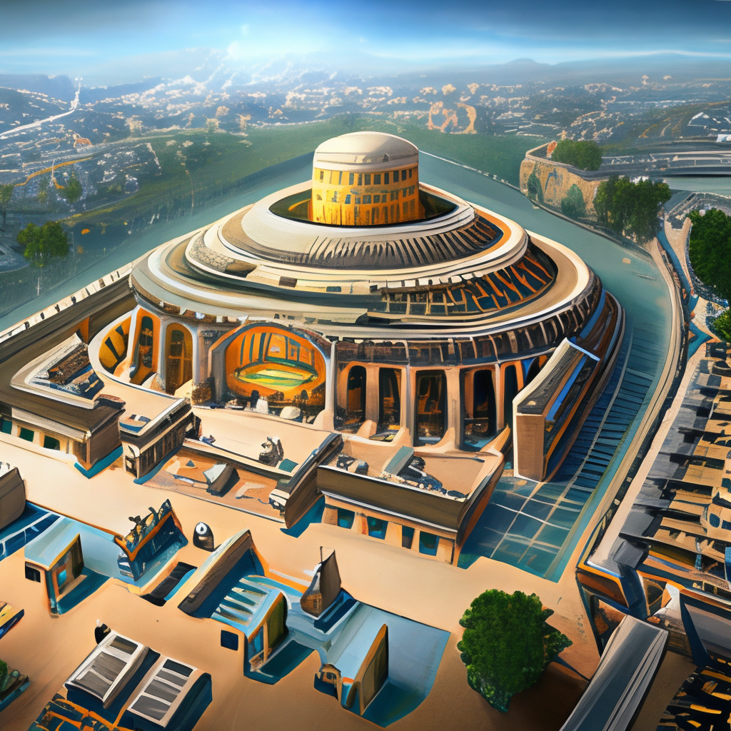 Achaemenian's historical circular city with a palace at center, but so High-Tec and technologic oriented with Artificial Intelligence power