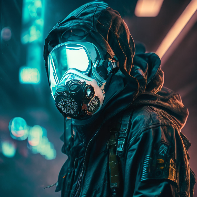 a person wearing cyberpunk intricate streetwear, a respirator, and a cinematic dramatic atmosphere with sharp focus and volumetric lighting, with the respirator mask covering the entire face