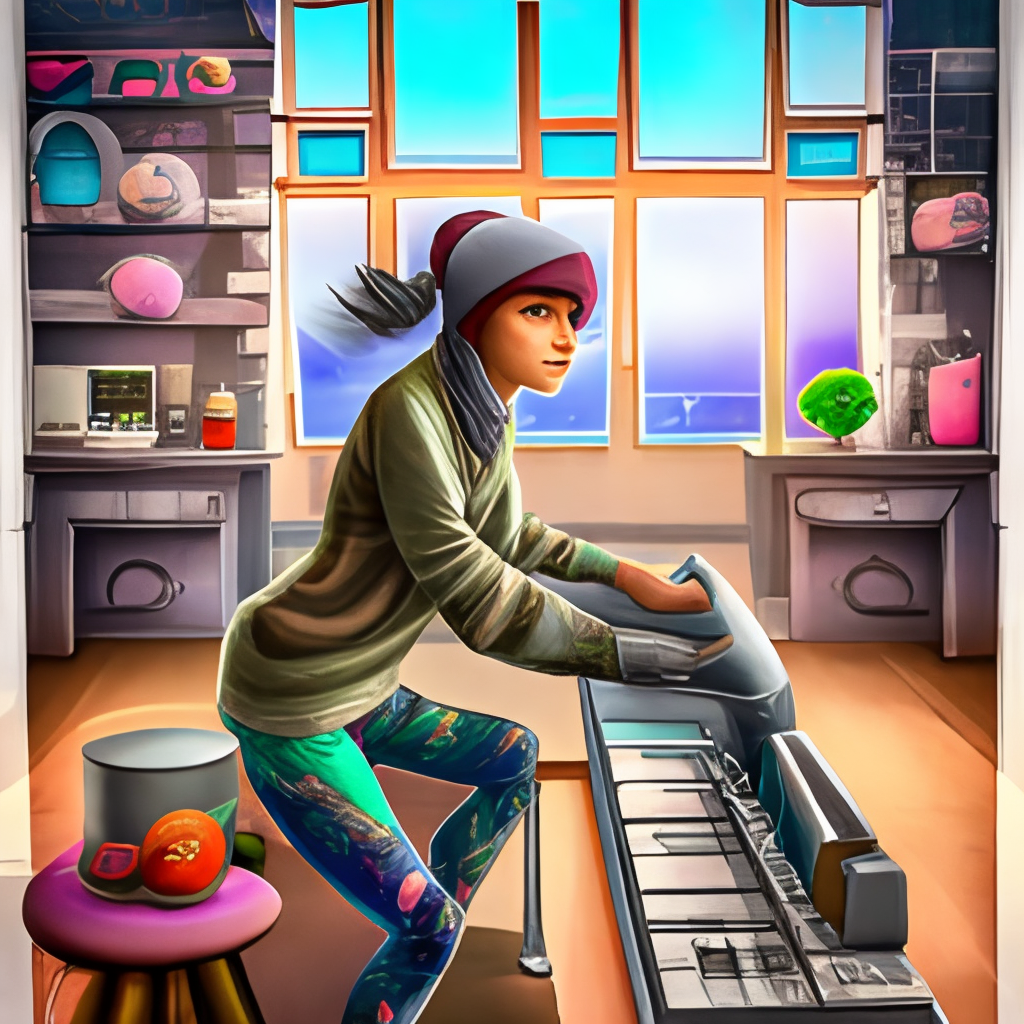 a beautiful young women wearing camouflage leggings and Hoodie is cleaning a synthesizer in the kitchen, Childrens BOOK, high detail, digital art