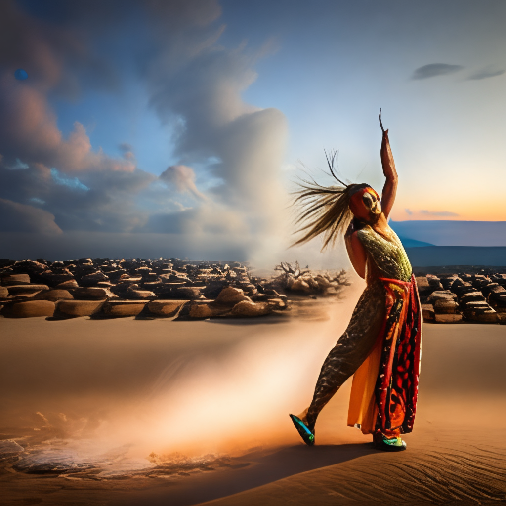 Dancing tribal girl in desert at night 